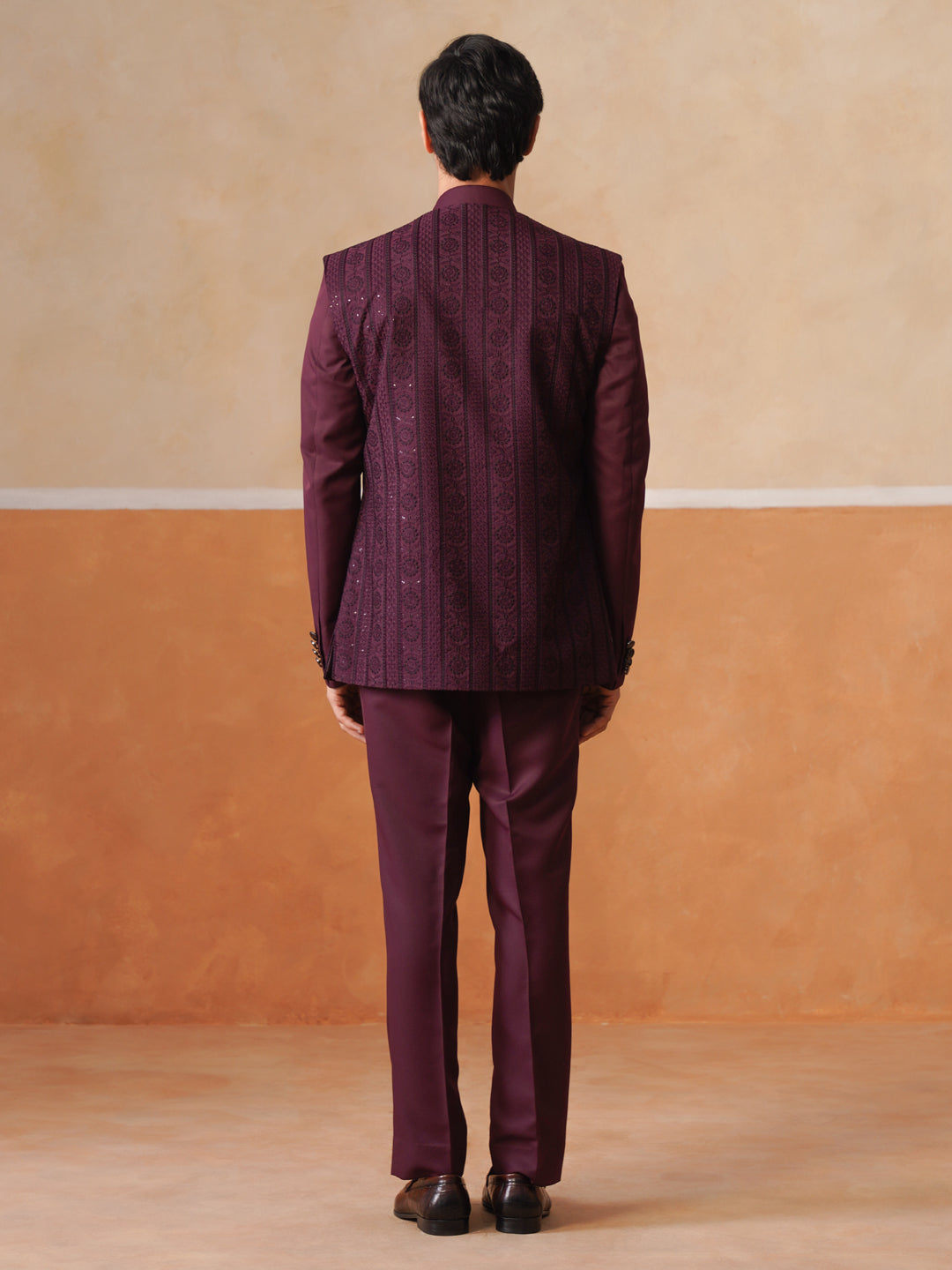Maroon Embroidered Indo Western 3-Piece Bandhgala