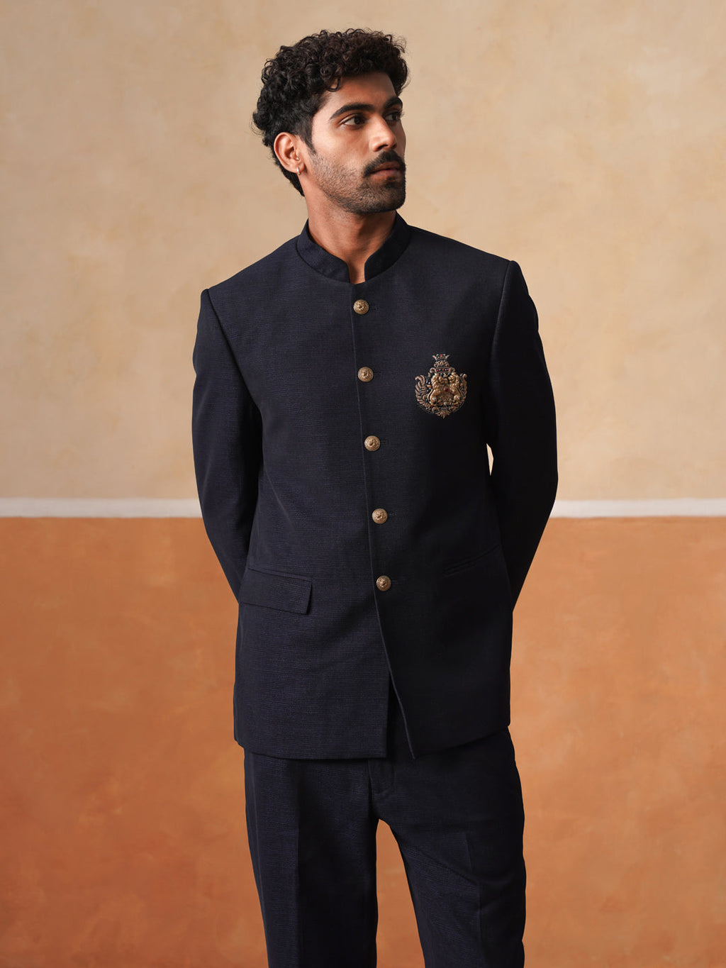 Blue Solid Indo Western 2-Piece Bandhgala