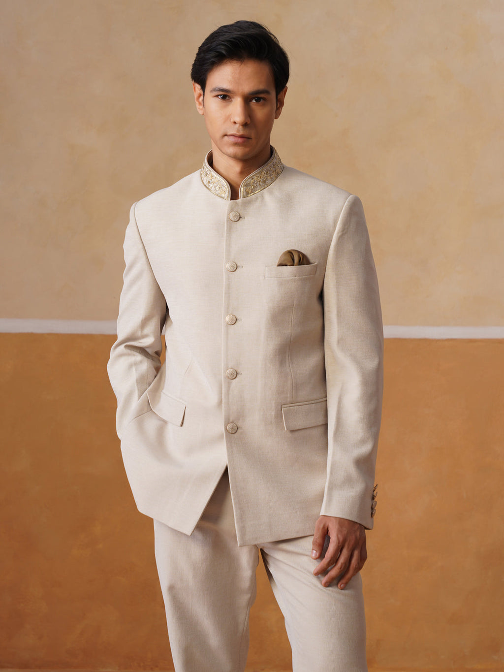 Cream Embroidered Indo Western 2-Piece Bandhgala