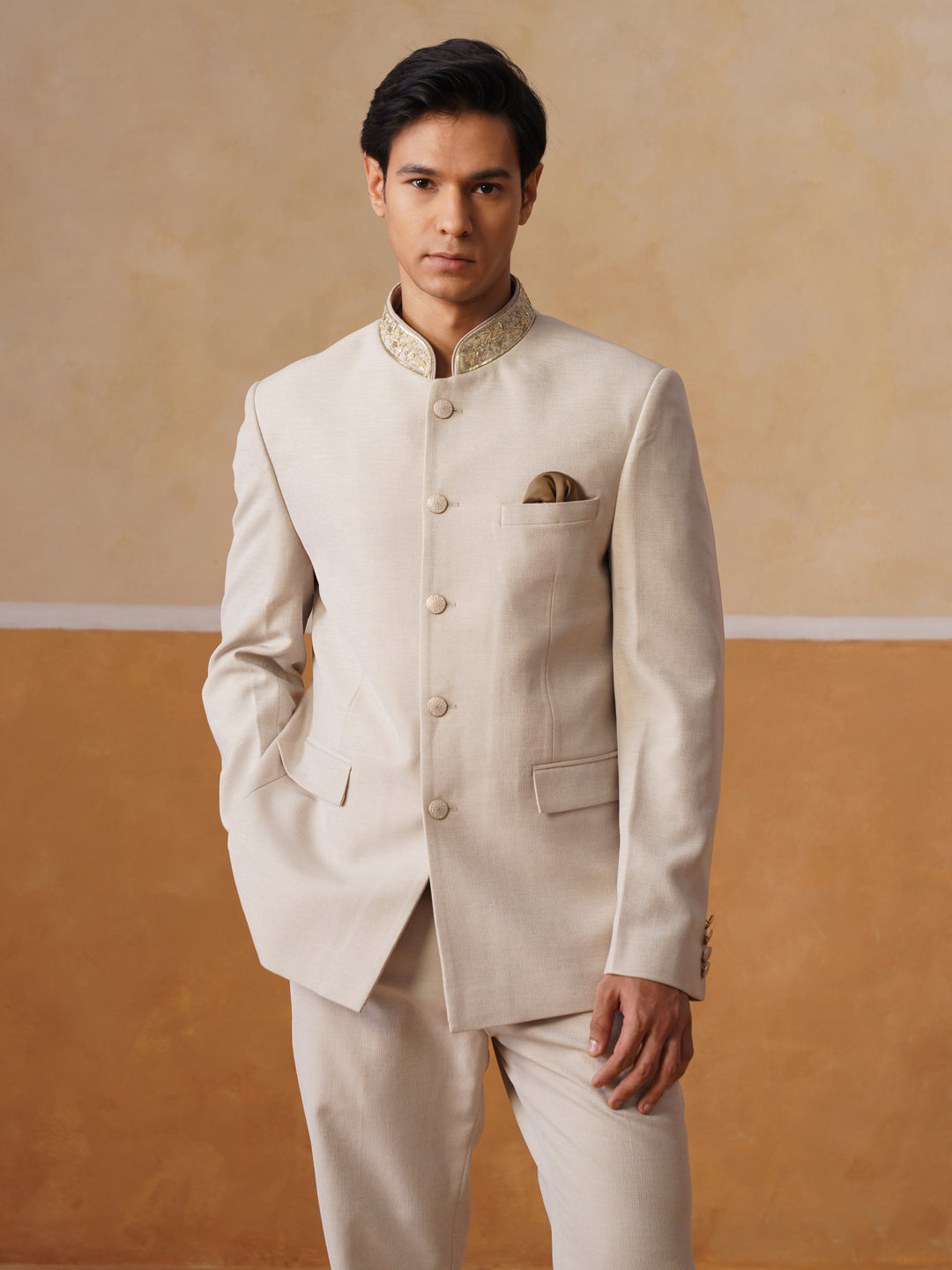 Cream Embroidered Indo Western 2-Piece Bandhgala