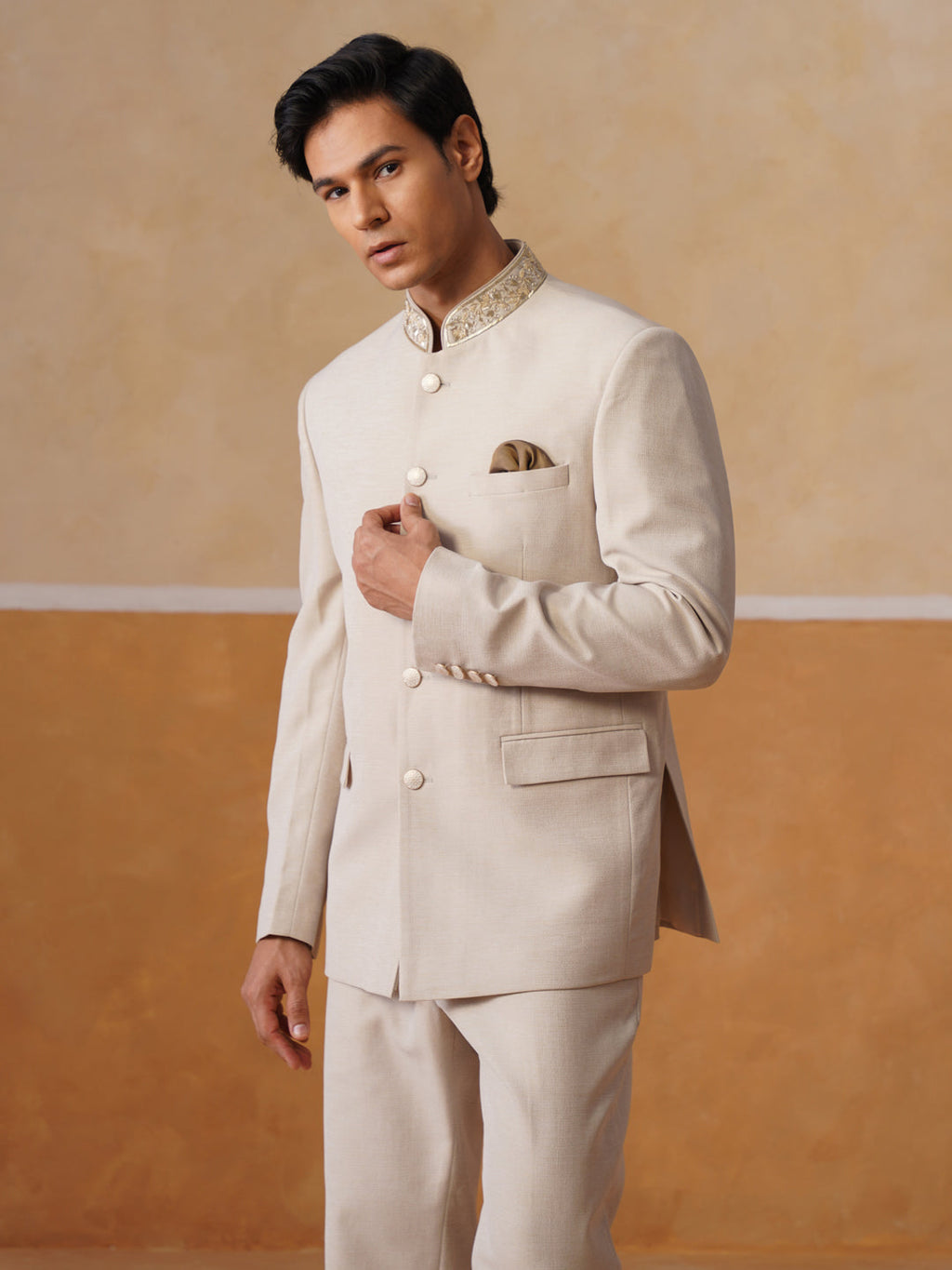 Cream Embroidered Indo Western 2-Piece Bandhgala