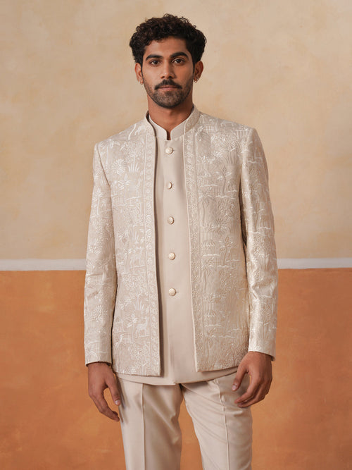 Beige Embroidered Indo Western 3-Piece Bandhgala