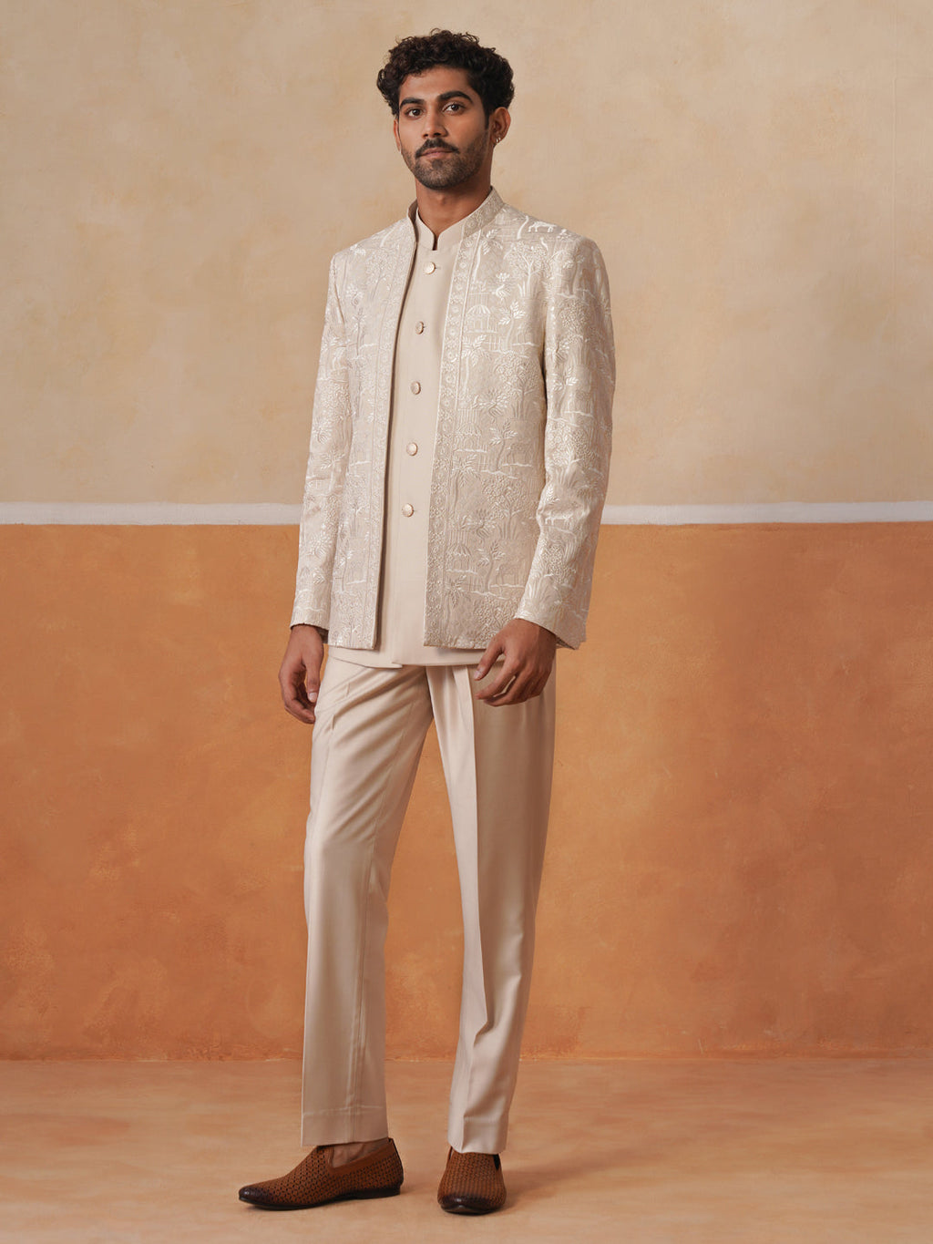 Beige Embroidered Indo Western 3-Piece Bandhgala
