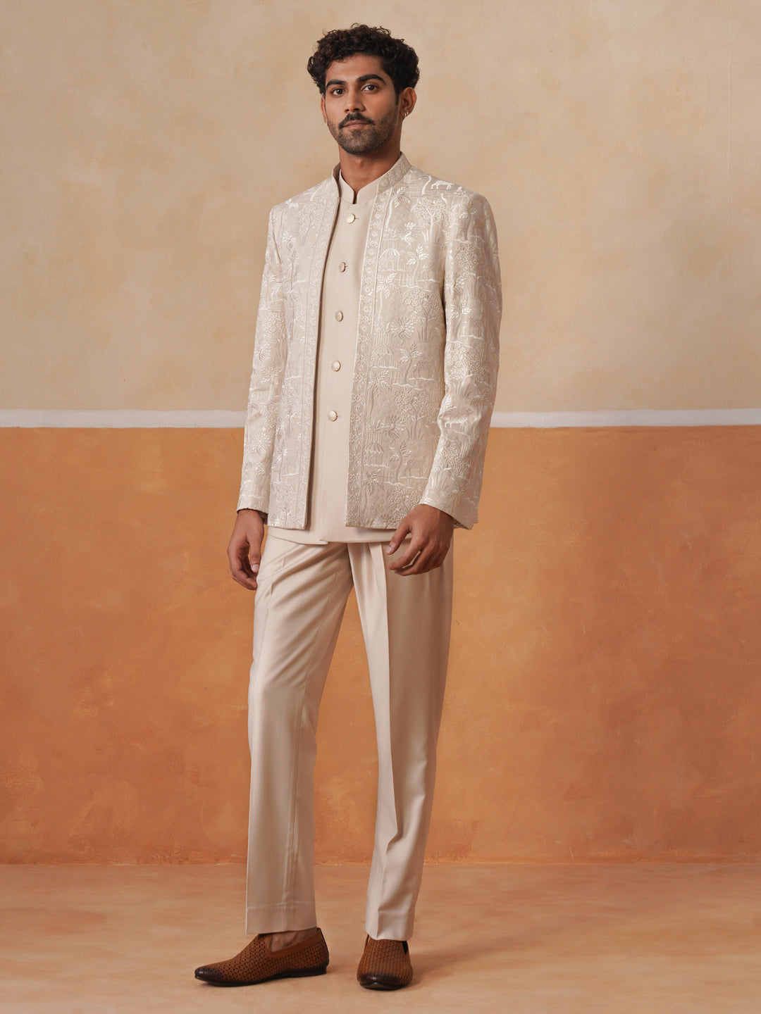 Beige Embroidered Indo Western 3-Piece Bandhgala