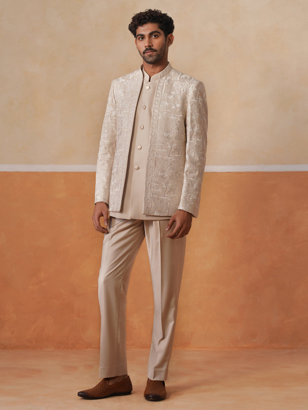 Beige Embroidered Indo Western 3-Piece Bandhgala