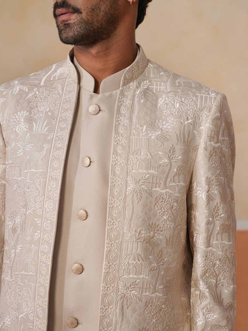 Beige Embroidered Indo Western 3-Piece Bandhgala