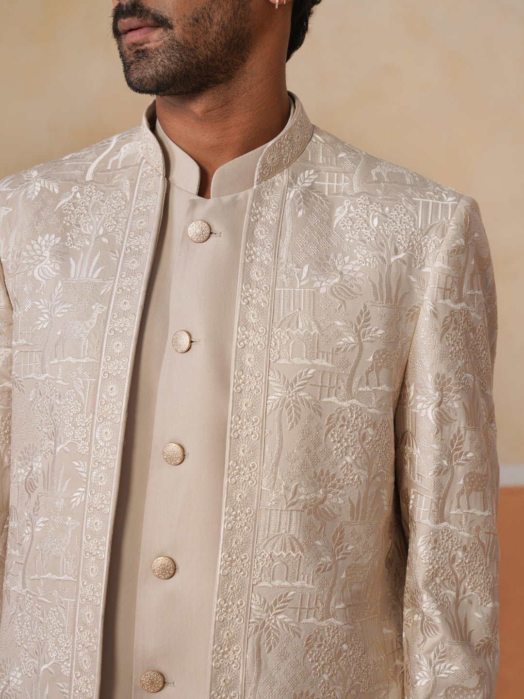 Beige Embroidered Indo Western 3-Piece Bandhgala