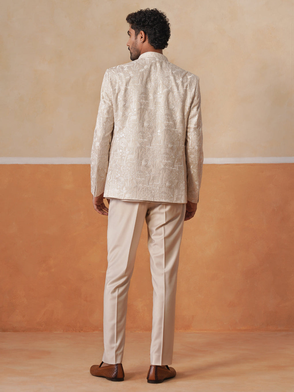 Beige Embroidered Indo Western 3-Piece Bandhgala