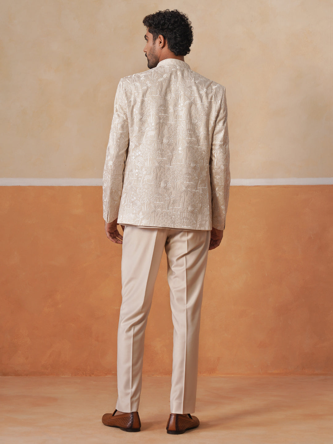 Beige Embroidered Indo Western 3-Piece Bandhgala