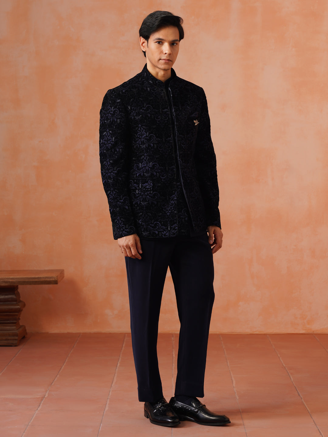 Navy Blue Embroidered Indo Western 2-Piece Bandhgala