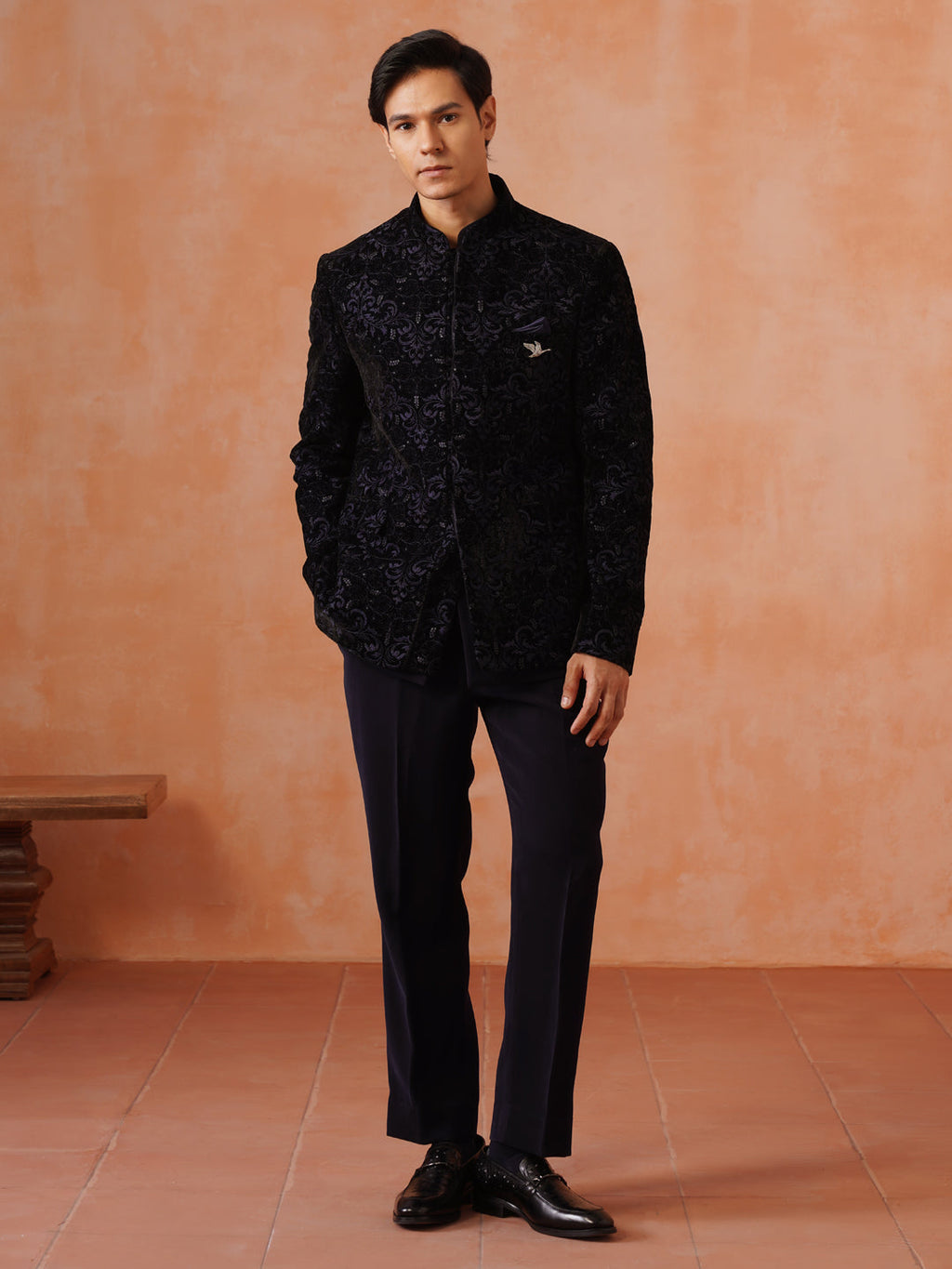 Navy Blue Embroidered Indo Western 2-Piece Bandhgala