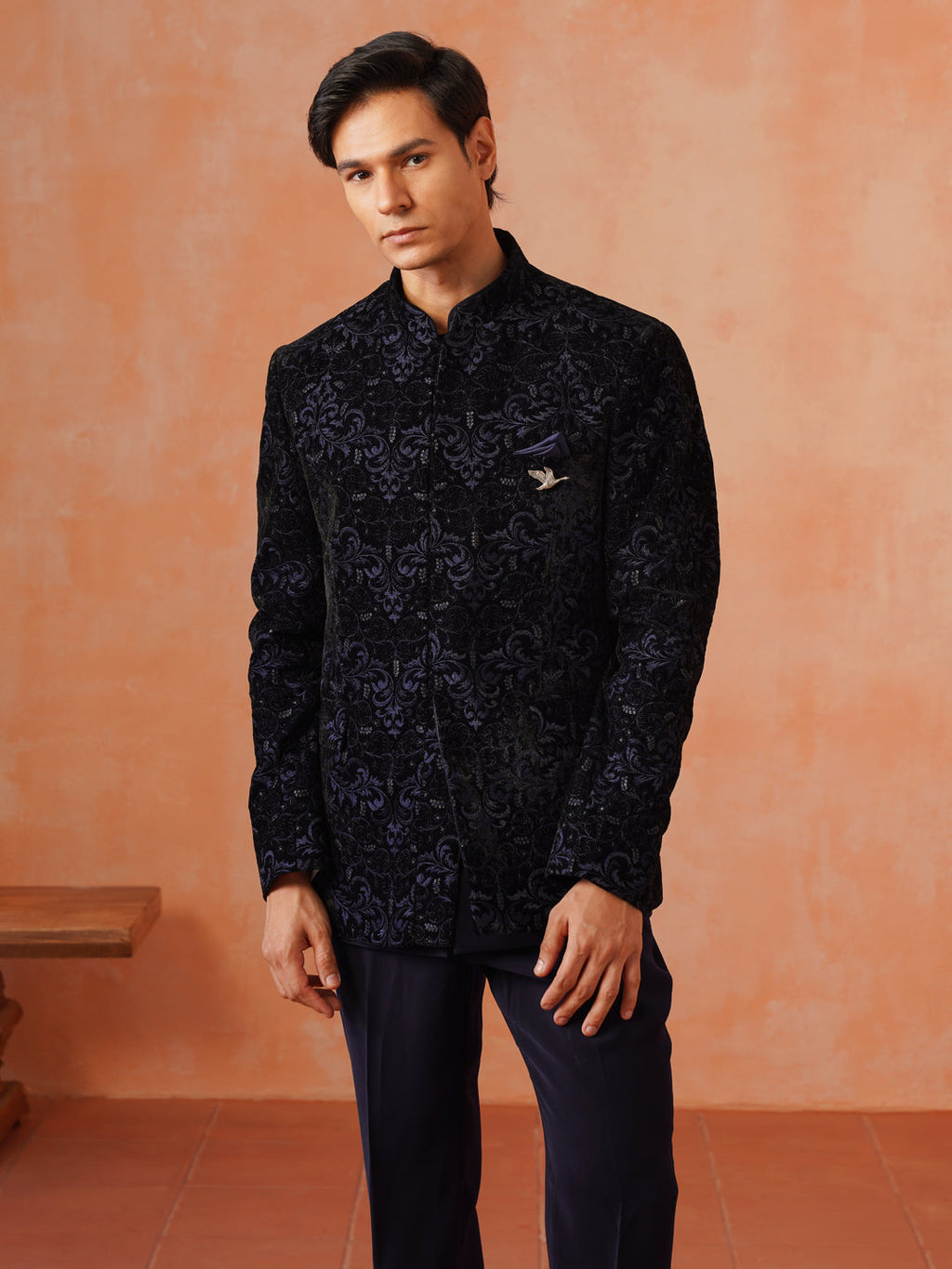 Navy Blue Embroidered Indo Western 2-Piece Bandhgala