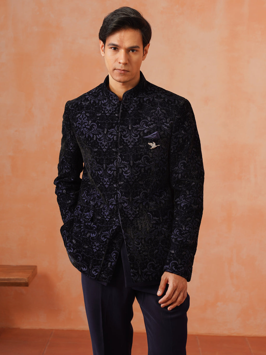 Navy Blue Embroidered Indo Western 2-Piece Bandhgala