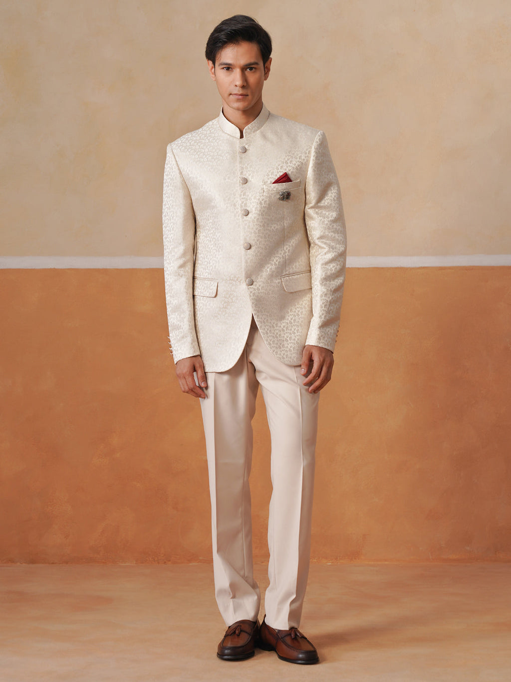 Cream Self Designed Indo Western 2-Piece Bandhgala