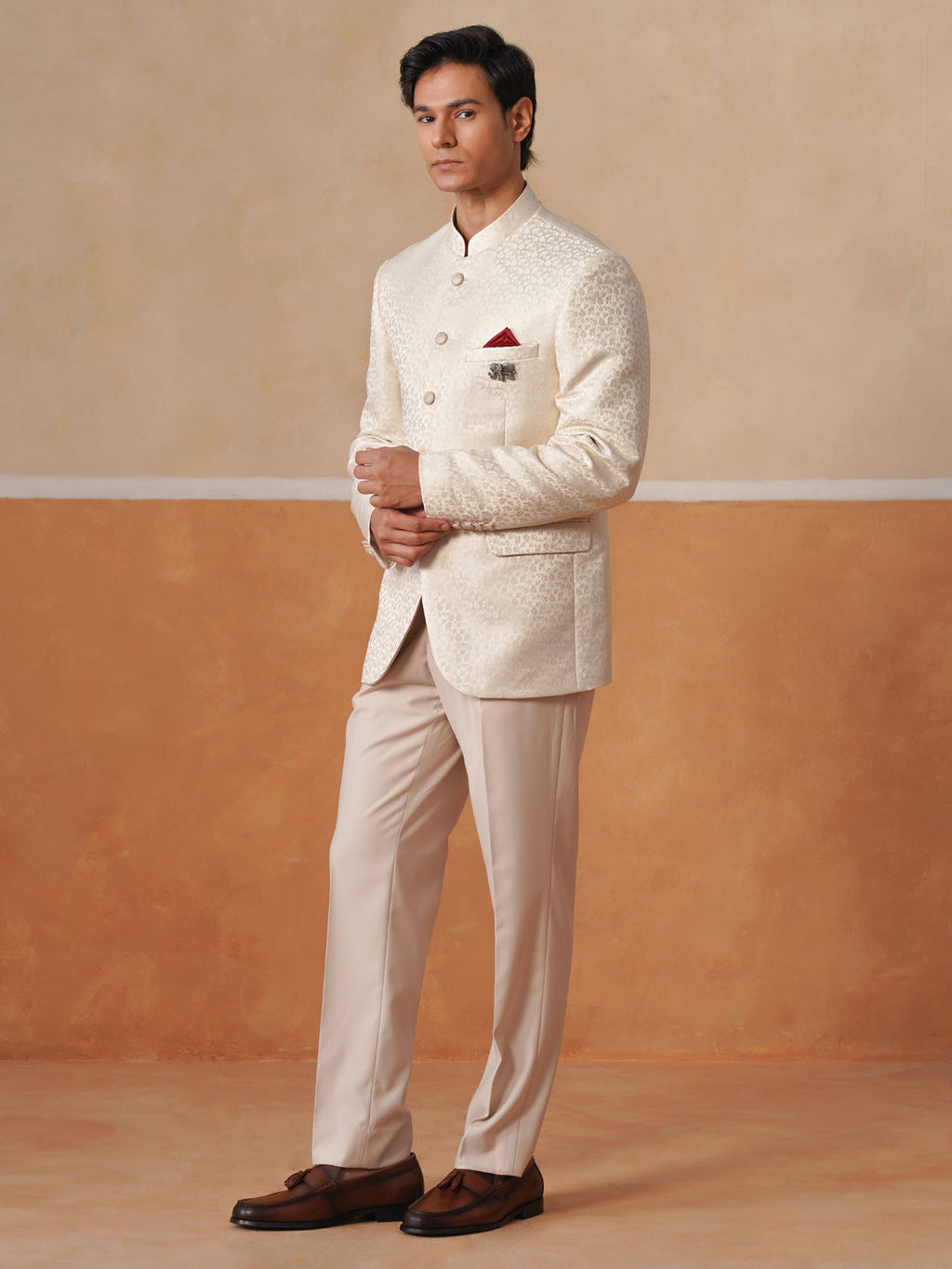 Cream Self Designed Indo Western 2-Piece Bandhgala
