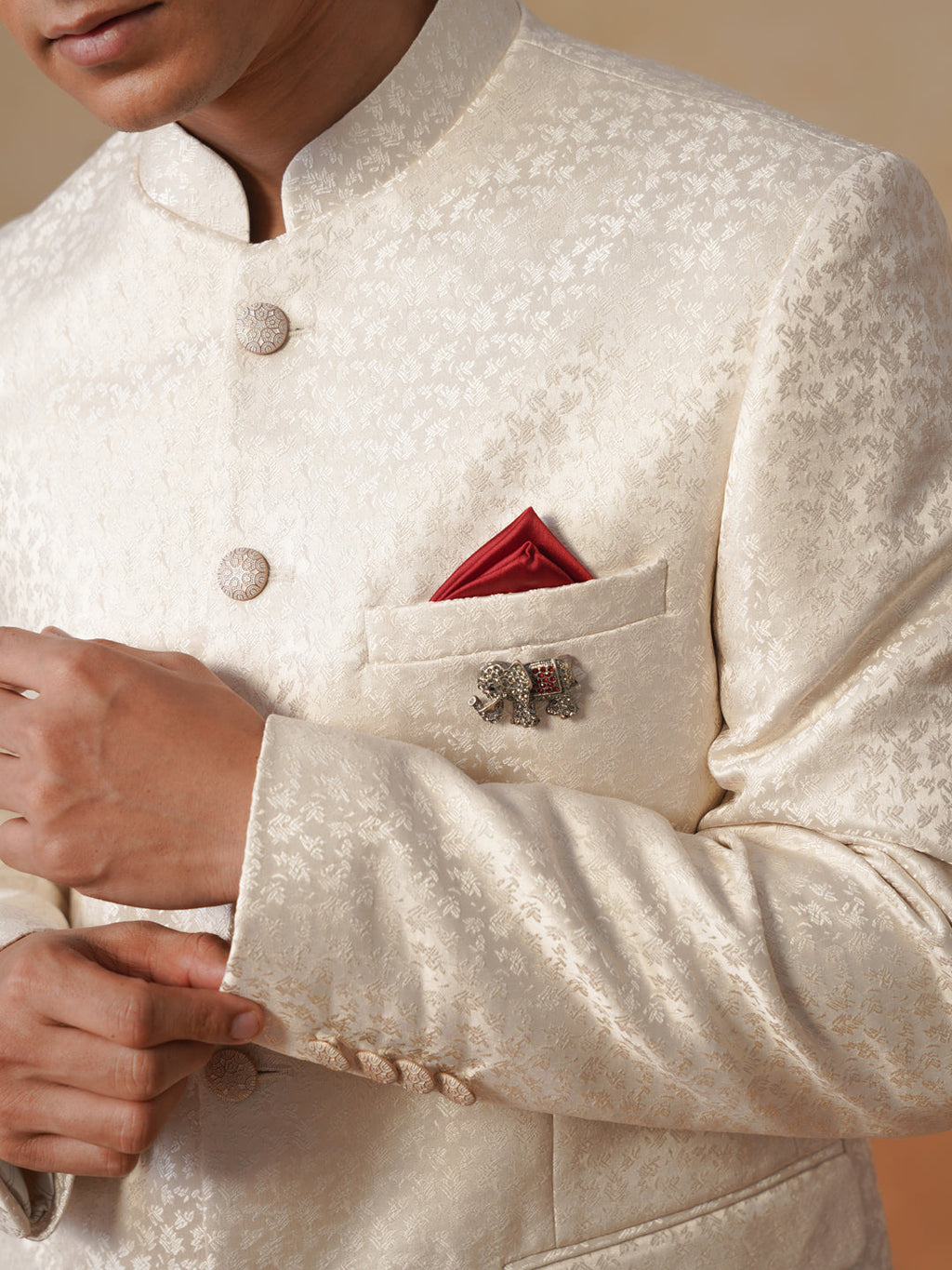 Cream Self Designed Indo Western 2-Piece Bandhgala