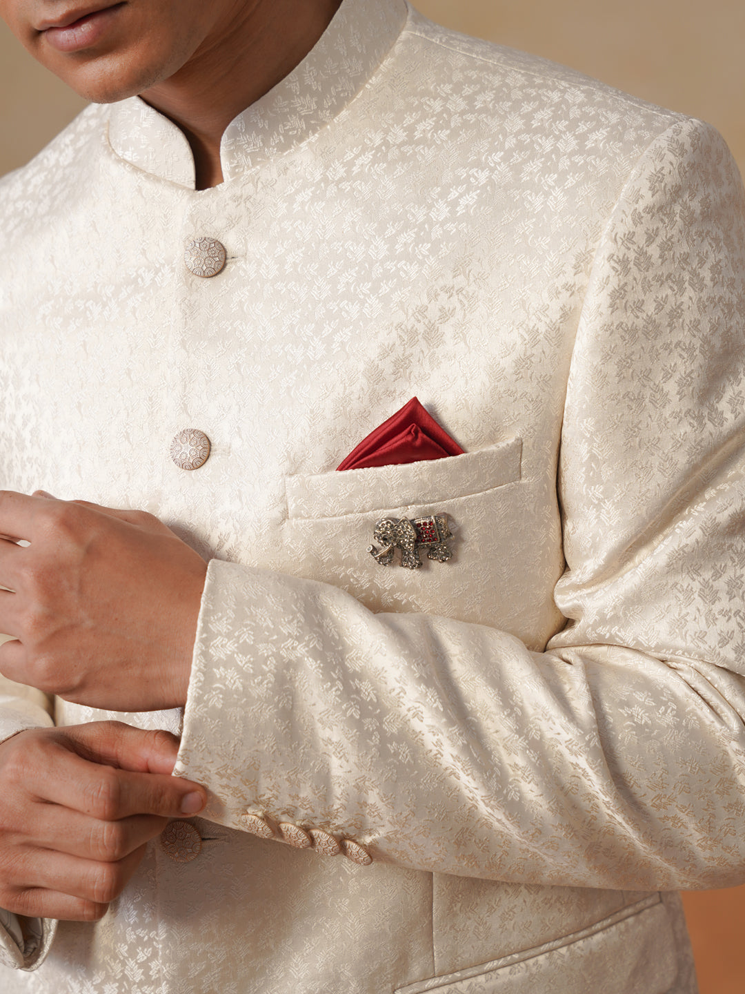 Cream Self Designed Indo Western 2-Piece Bandhgala