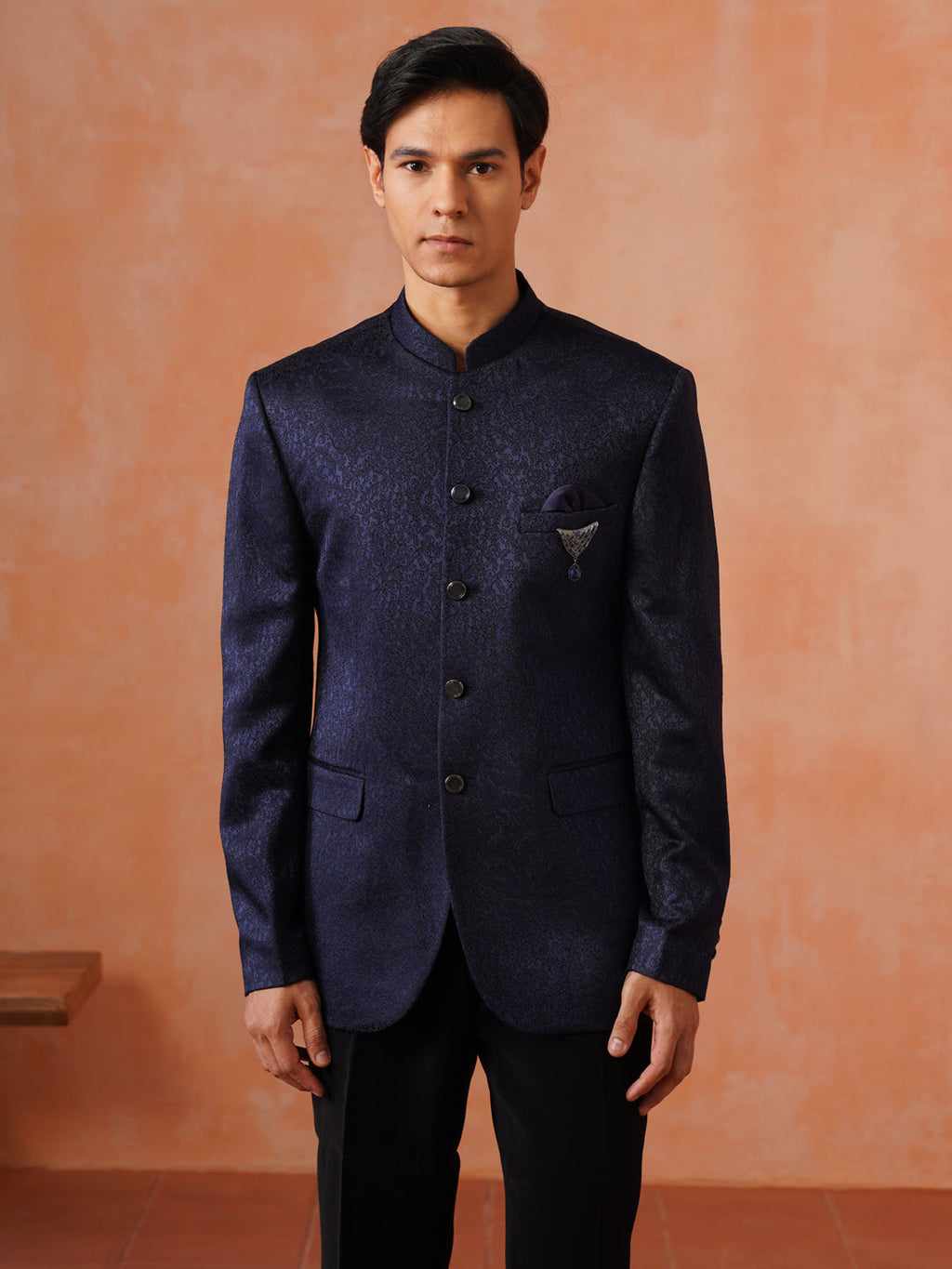 Navy Blue Self Designed Indo Western 2-Piece Bandhgala