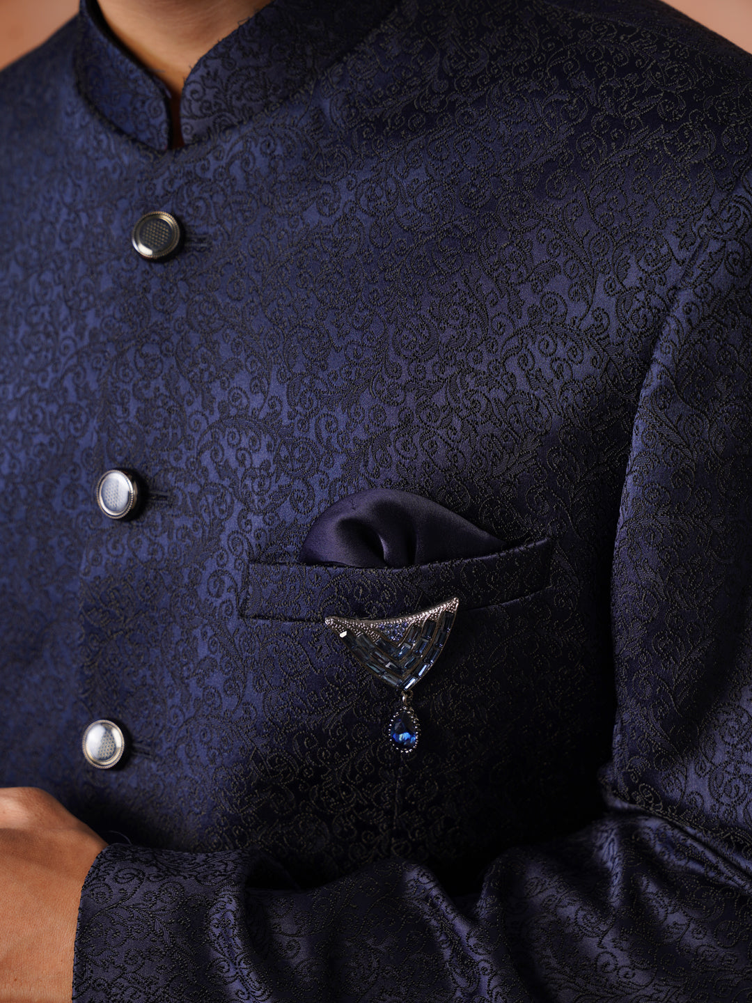 Navy Blue Self Designed Indo Western 2-Piece Bandhgala