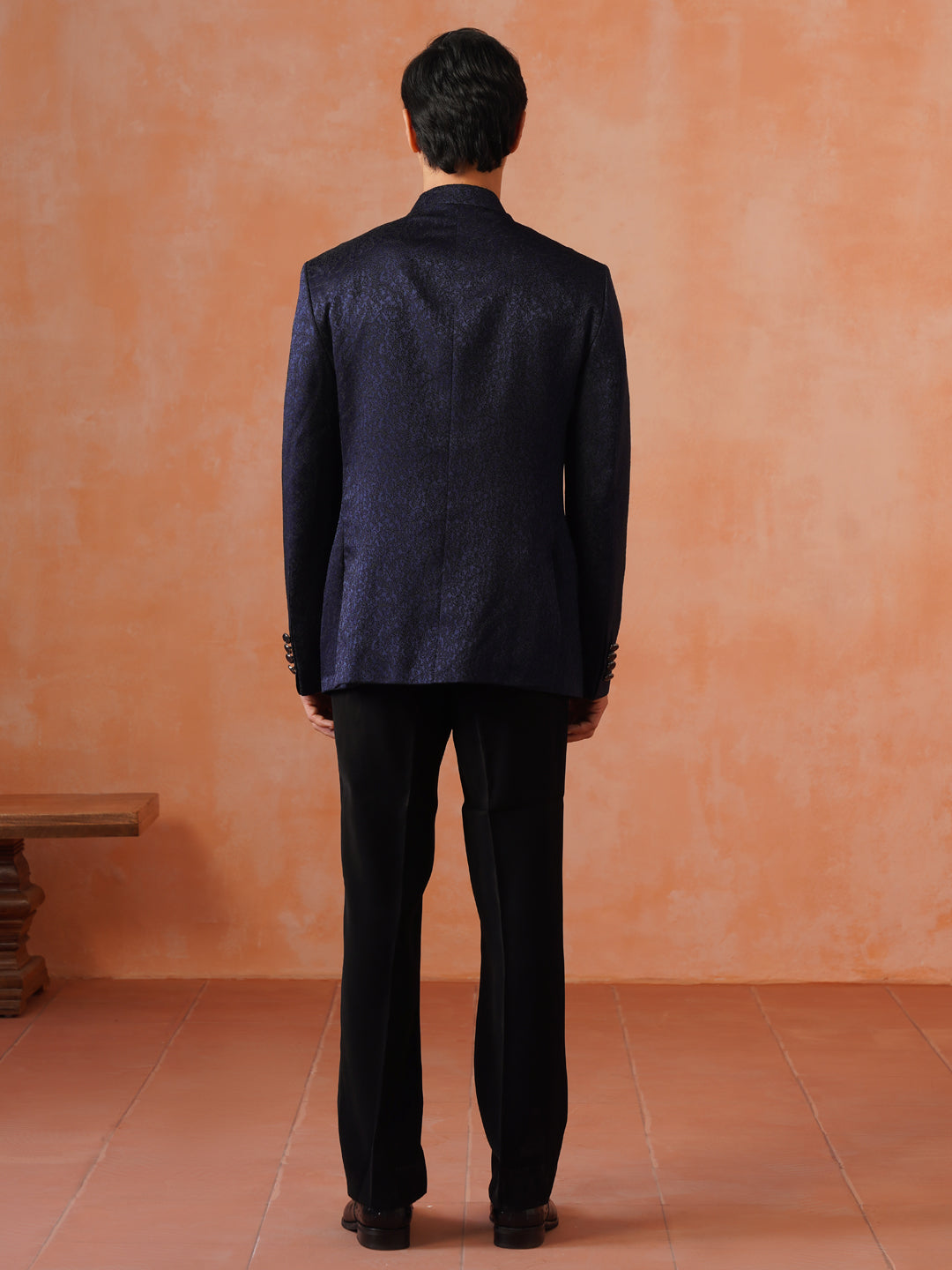 Navy Blue Self Designed Indo Western 2-Piece Bandhgala