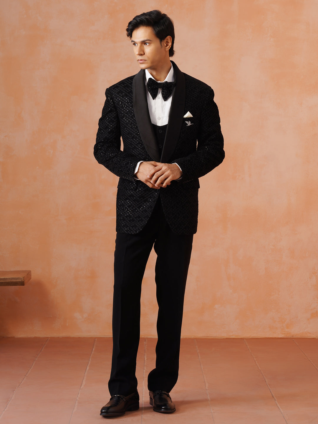 Men’s Black Sequin-Embroidered Shawl Collar Suit Set