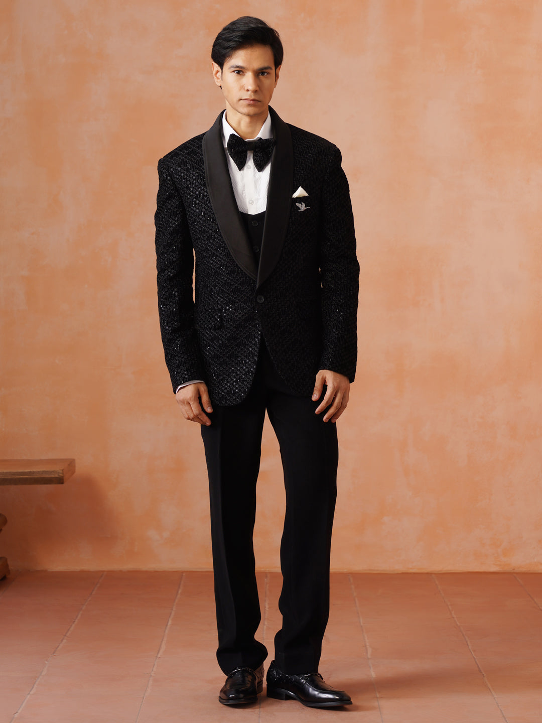 Men’s Black Sequin-Embroidered Shawl Collar Suit Set