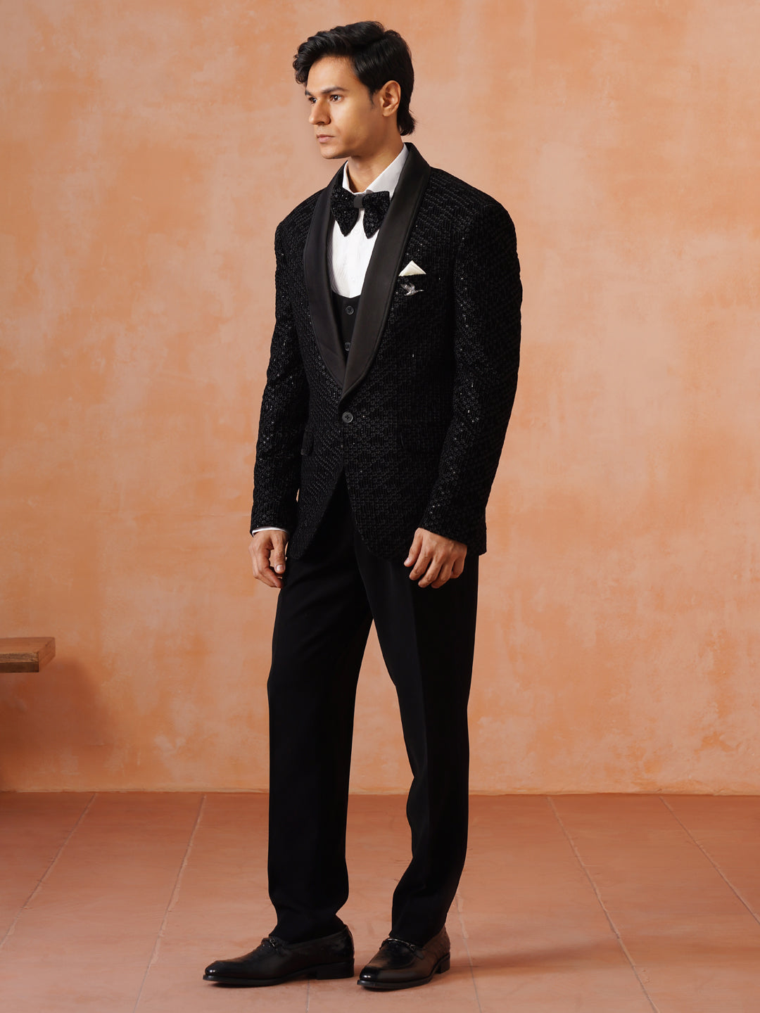 Men’s Black Sequin-Embroidered Shawl Collar Suit Set