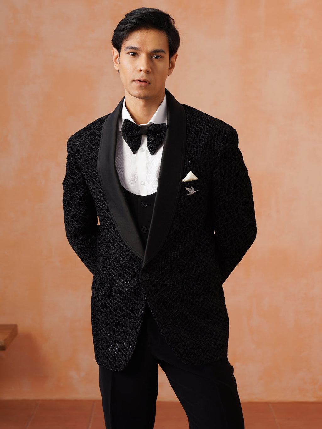 Men’s Black Sequin-Embroidered Shawl Collar Suit Set