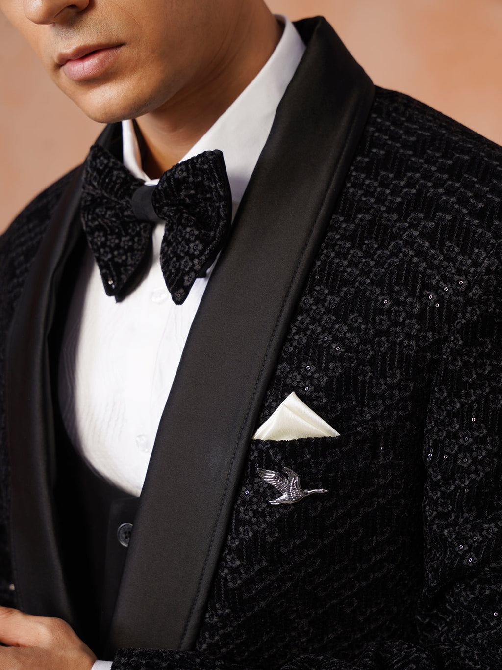 Men’s Black Sequin-Embroidered Shawl Collar Suit Set