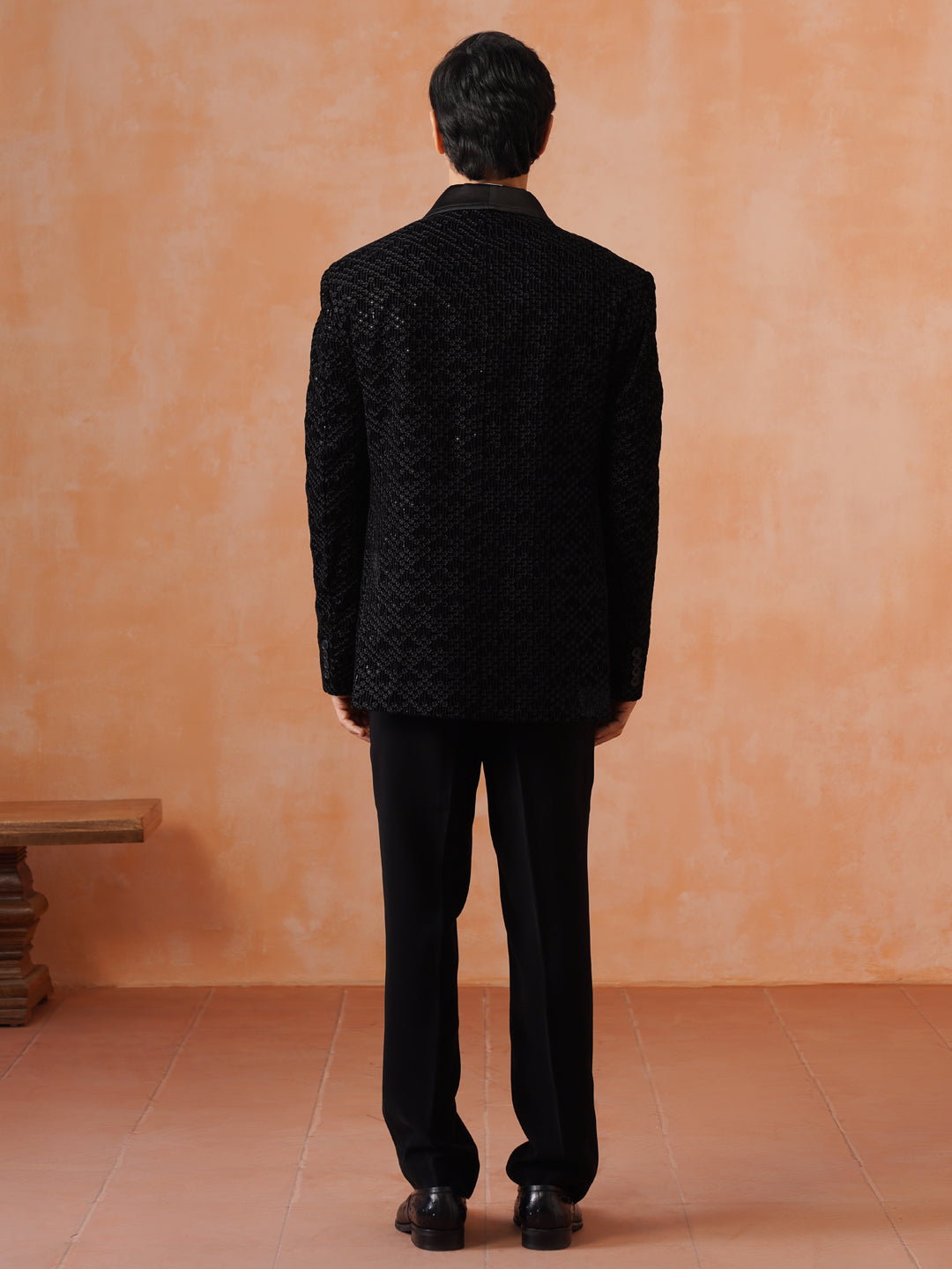 Men’s Black Sequin-Embroidered Shawl Collar Suit Set