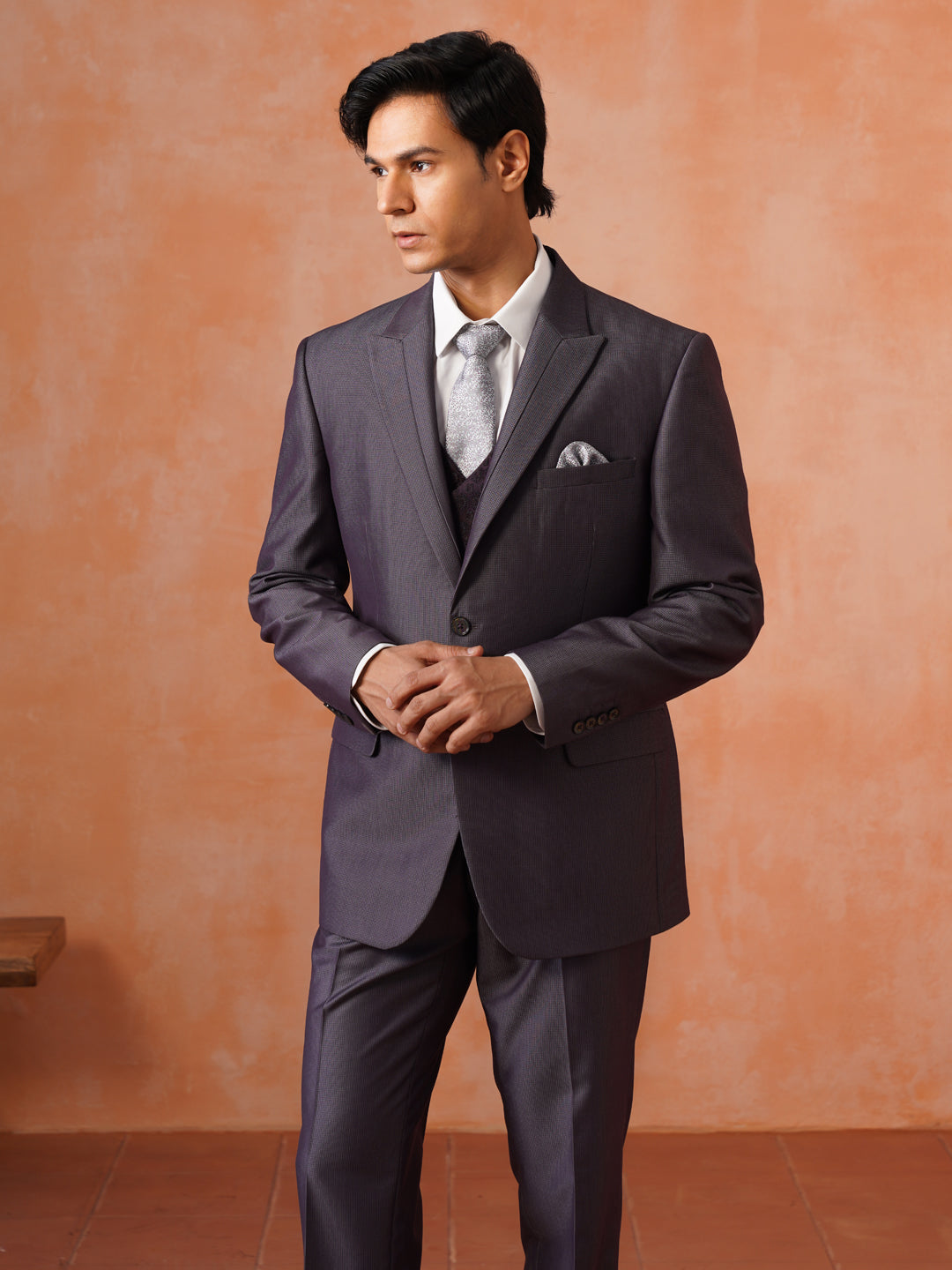 Men’s  Grey Textured Shawl Collar Suit Set