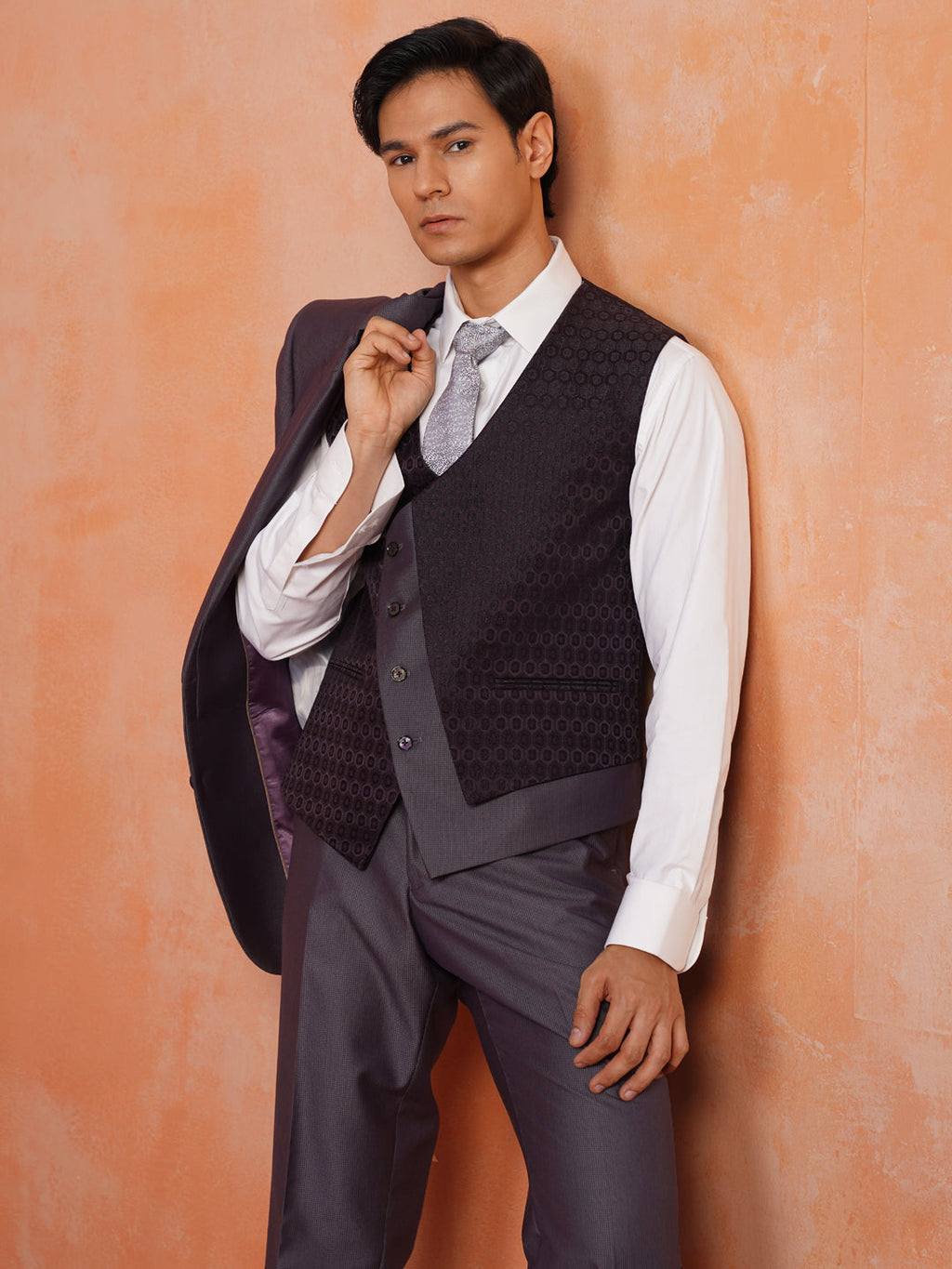 Men’s  Grey Textured Shawl Collar Suit Set