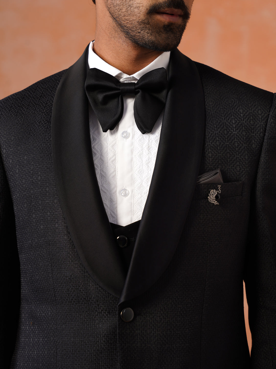 Men’s Black Textured Shawl Collar Suit Set