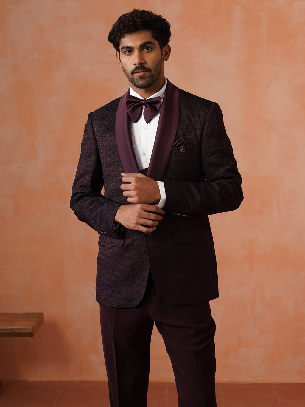 Men’s  Maroon Textured Shawl Collar Suit Set