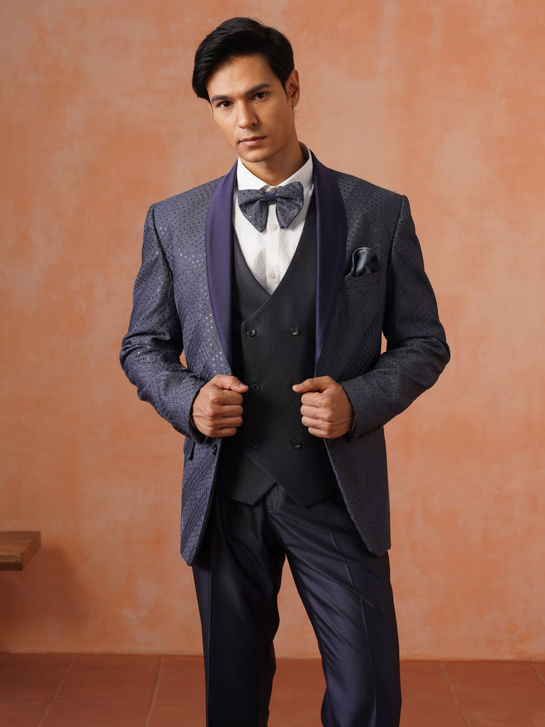 Men’s Grey Sequence Shawl Collar Suit Set
