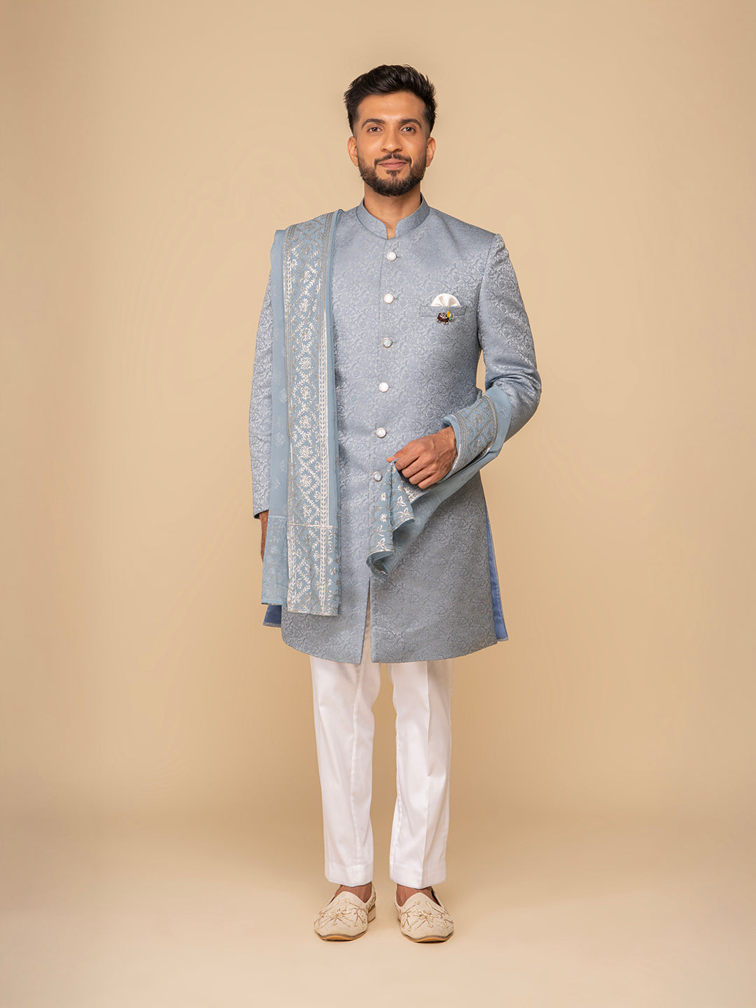 Sea Blue Mandarin Collar Achkan