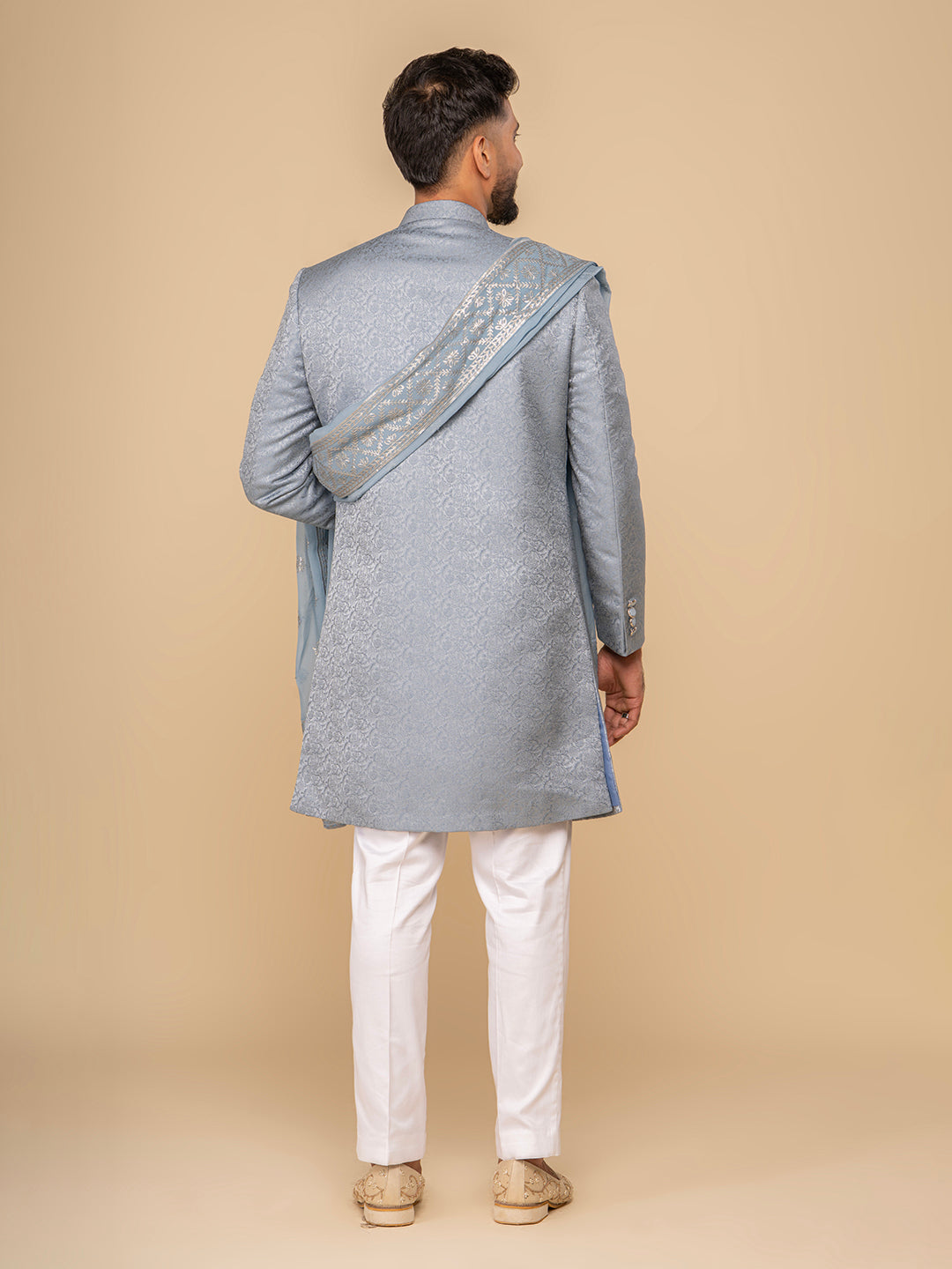 Sea Blue Mandarin Collar Achkan