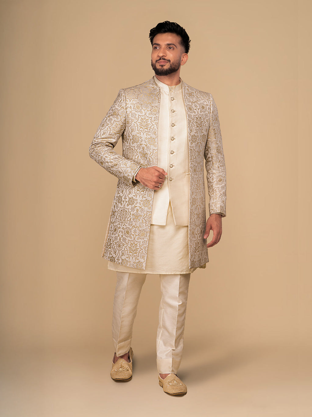 Cream Embroidered Men Achkan