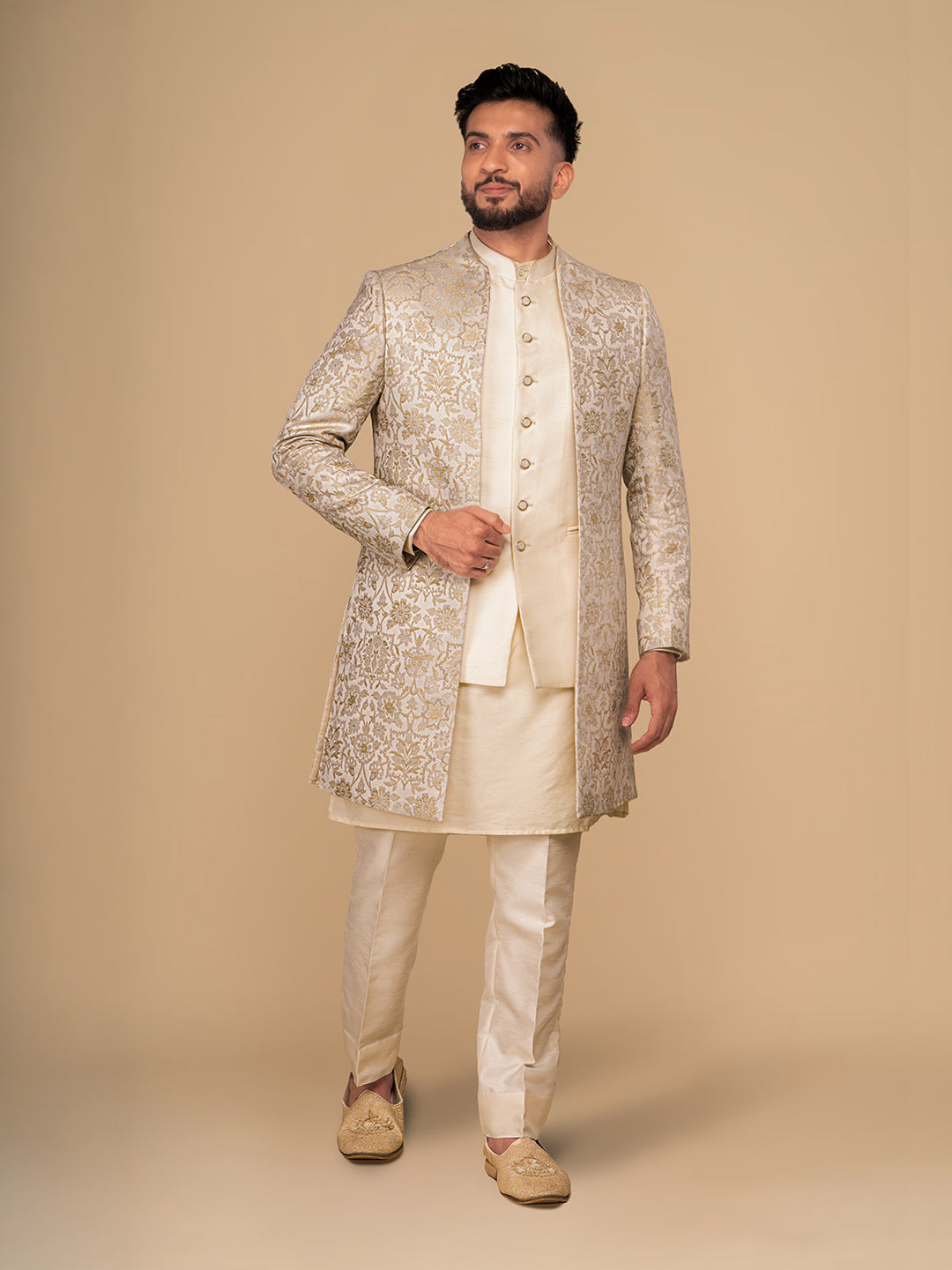 Cream Embroidered Men Achkan