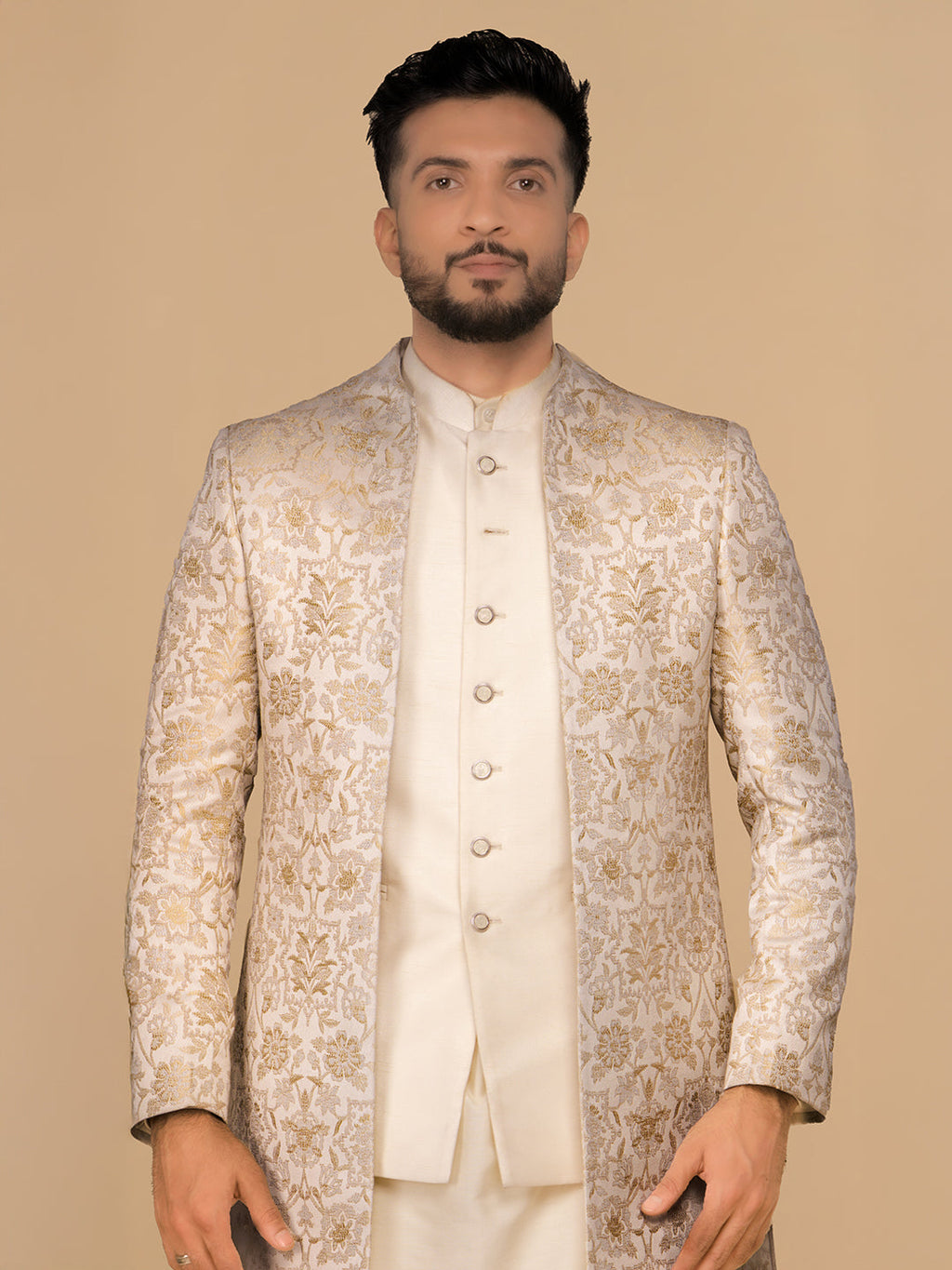Cream Embroidered Men Achkan