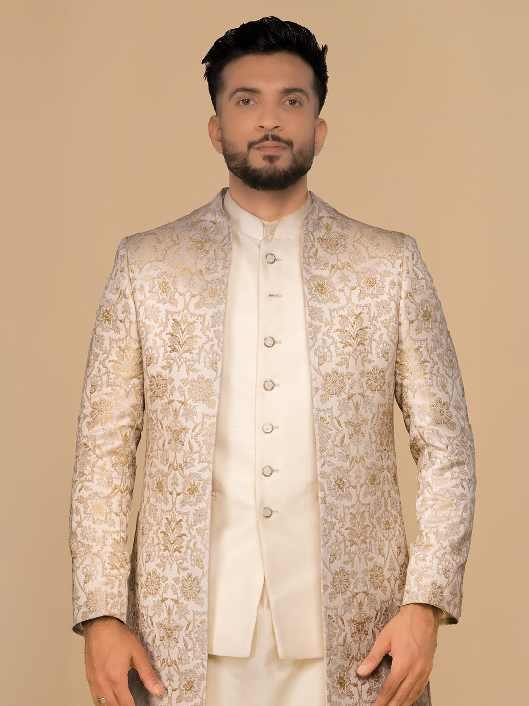 Cream Embroidered Men Achkan