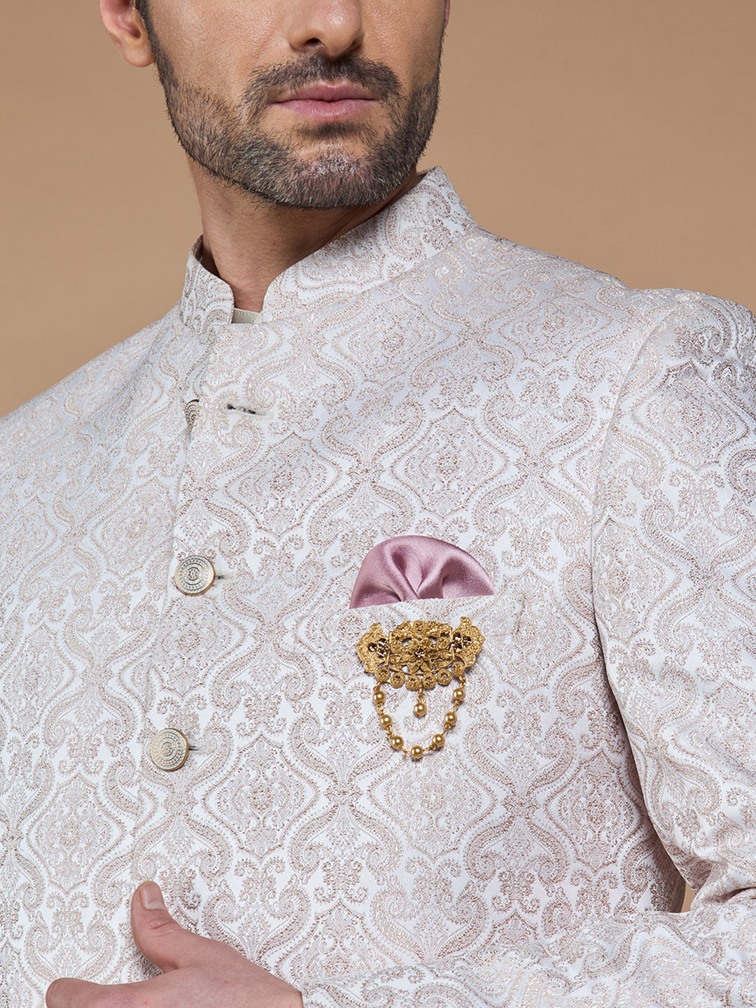 Peach Embroidered Achkan