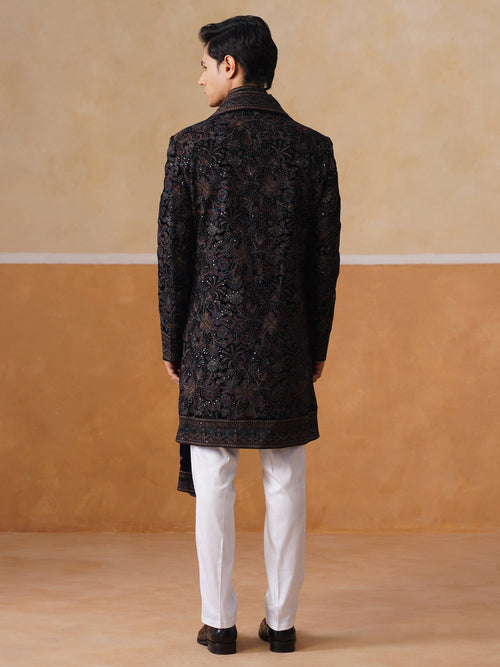 Black Floral Mandarin Collar Achkan