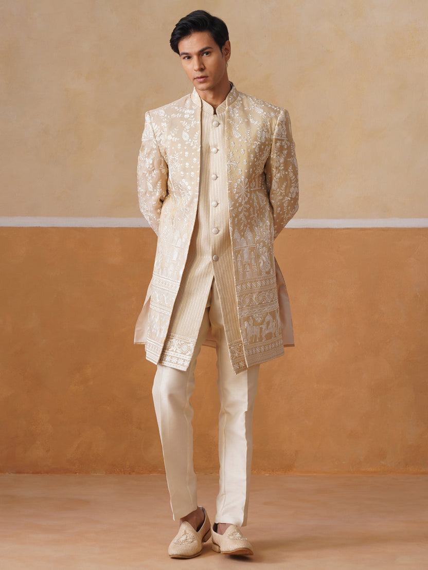 Beige Embroidered Mandarin Collar Achkan