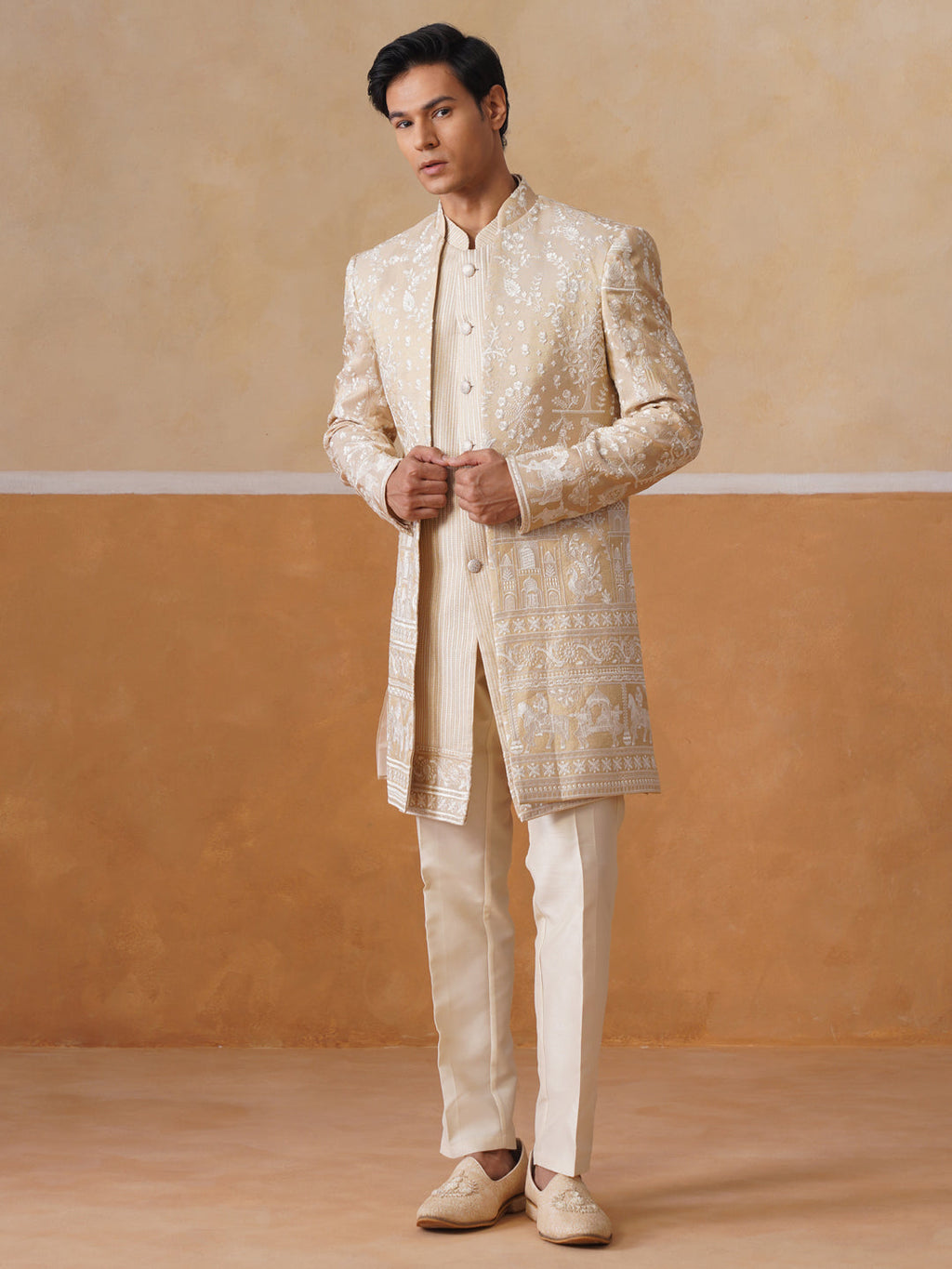 Beige Embroidered Mandarin Collar Achkan