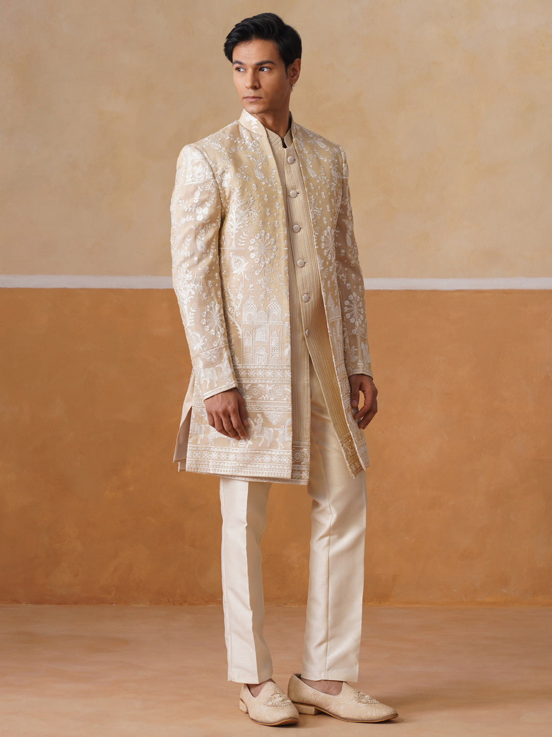 Beige Embroidered Mandarin Collar Achkan