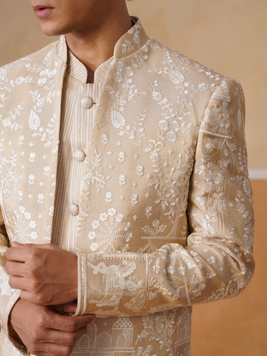 Beige Embroidered Mandarin Collar Achkan