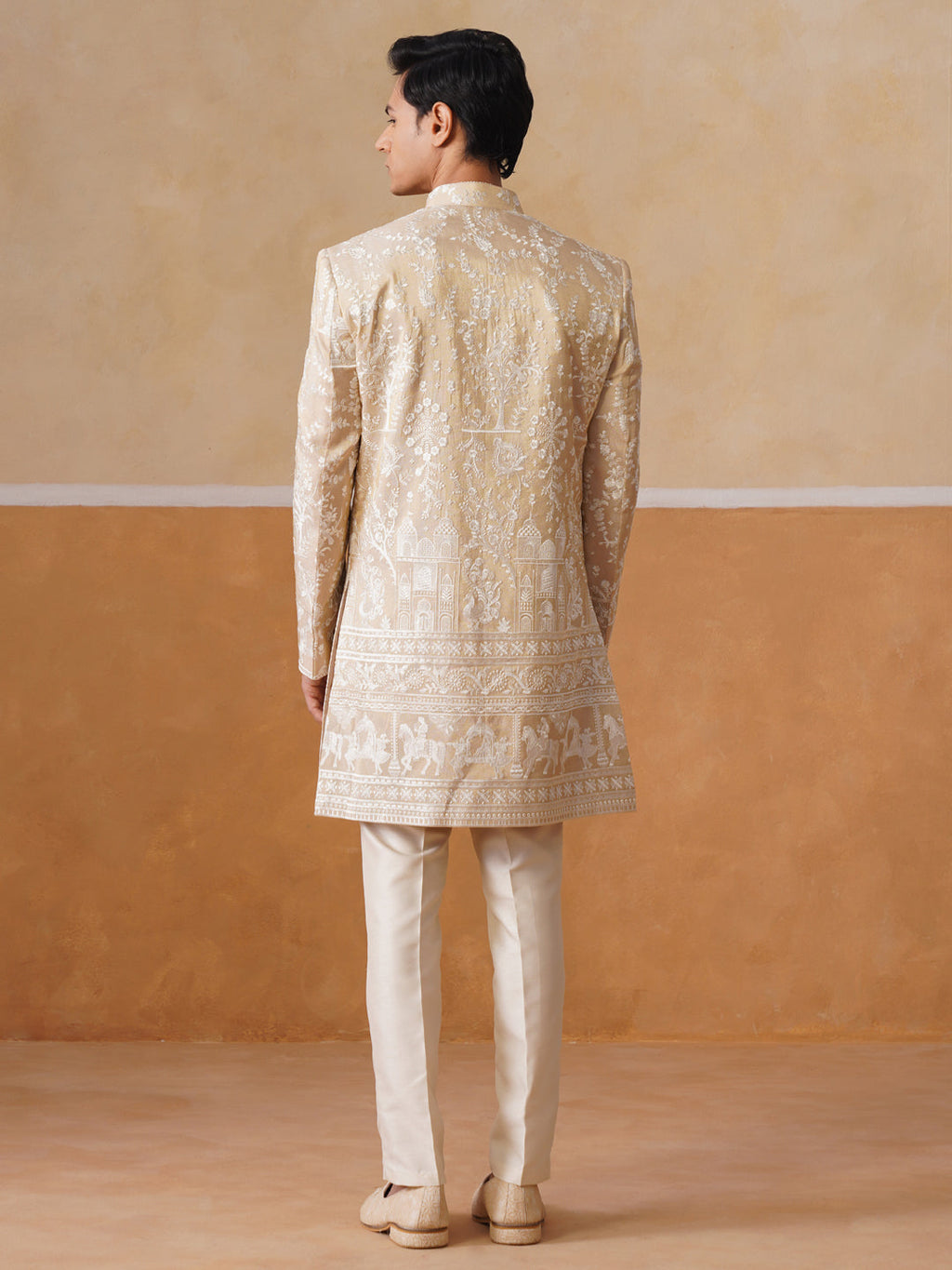 Beige Embroidered Mandarin Collar Achkan