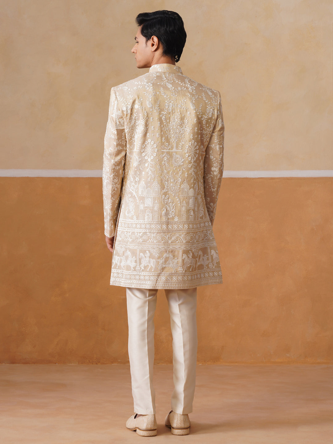 Beige Embroidered Mandarin Collar Achkan