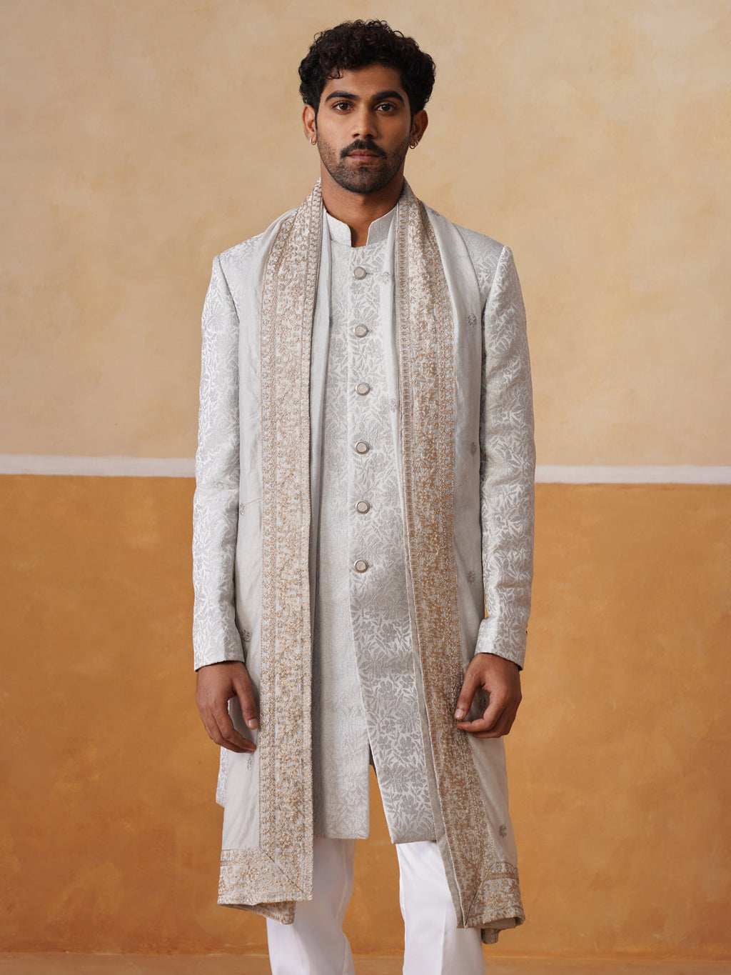 Grey Embroidered Mandarin Collar Achkan